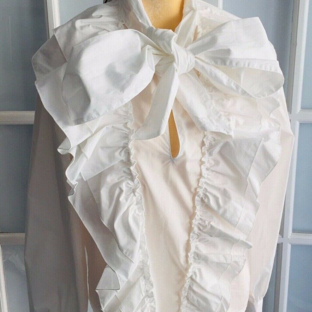 NWT ZARA White POPLIN BLOUSE WITH TIE High Neck Ru